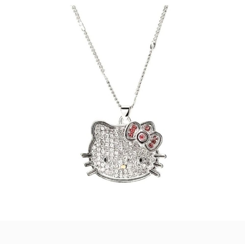 Hello Kitty Crystal Charm Necklace ~ silver pl over stainless 16-18” chain NEW